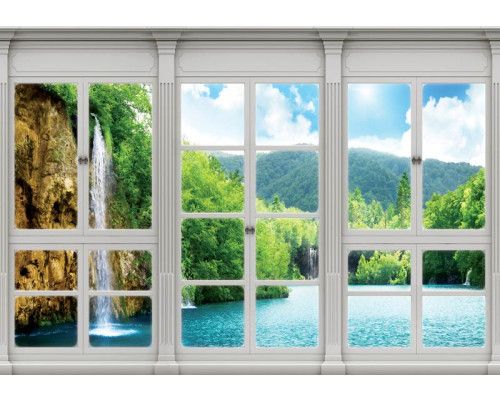 Fototapete mit 3D-Perspektive Blick auf einen Wasserfall und Landschaft durch ein Fenster.