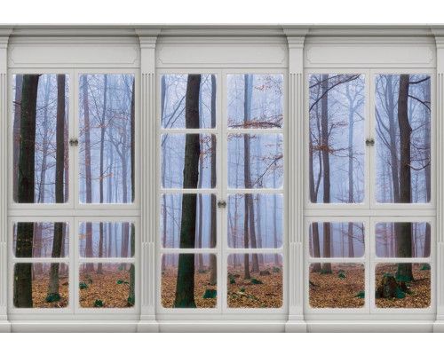 Fototapete Blick durch das Fenster auf den Wald 3D-Perspektive