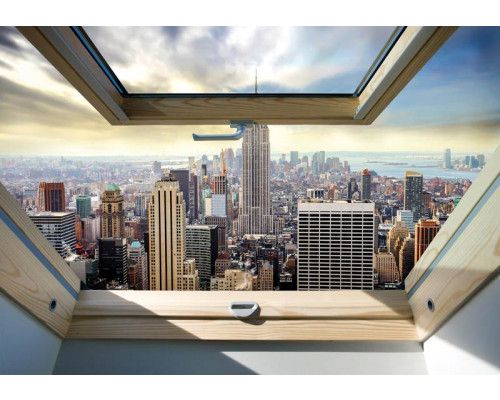 Fototapete mit einem Blick auf New York durch ein Dachfenster, 3D-Effekt für zusätzliche Tiefe.