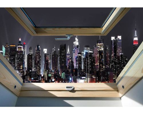 Fototapete mit einem Blick auf die Stadt New York durch ein Dachfenster, mit 3D-Effekten.
