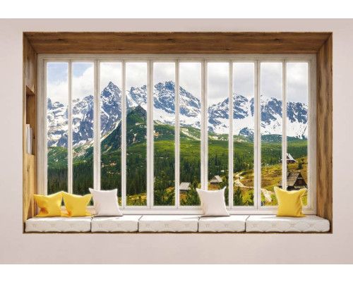 Blick auf die Berge durch ein Fenster mit 3D-Effekt auf eine Berglandschaft Fototapete.