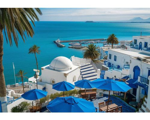 Fototapete mit Blick auf einen Hafen in Tunesien, mit mediterranem Ambiente und blauem Wasser.