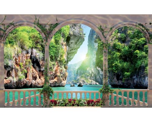 Fototapete mit Blick auf Felsen und einen klaren See von einer Terrasse aus, mit einem 3D-Effekt.