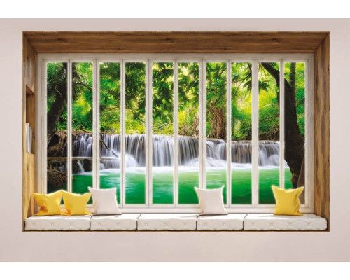 Blick auf einen Dschungel Wasserfall durch ein Fenster mit 3D-Perspektive auf Fototapete.