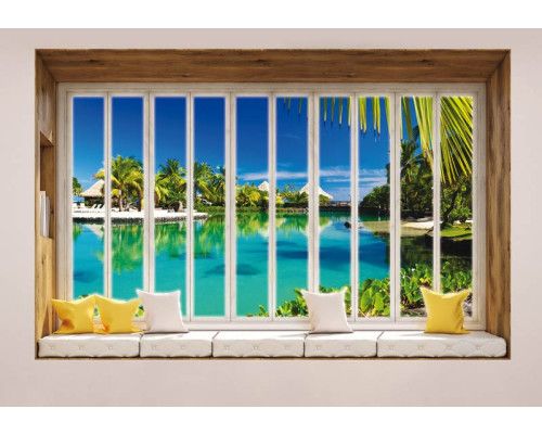 Blick auf Hawaii durch ein Fenster in 3D-Perspektive auf einer tropischen Fototapete.