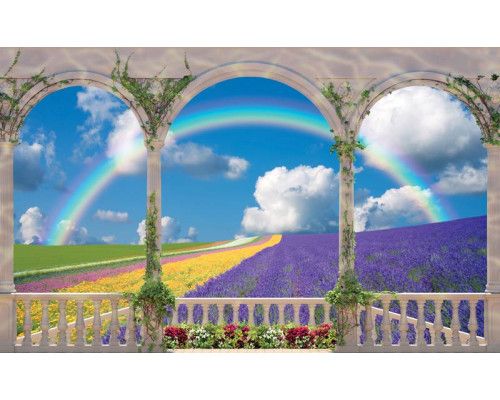 Fototapete mit Blick auf ein Blumenfeld von einer Terrasse aus, 3D-Effekt für zusätzliche Dimension.