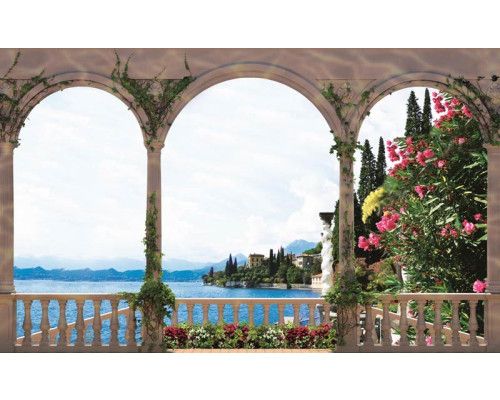 Fototapete mit Blick auf einen See von einer Terrasse, 3D-Effekt für Tiefenwirkung.