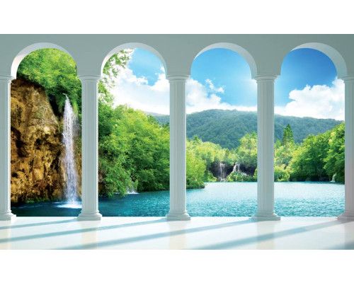 Fototapete von einem Blick auf einen Wasserfall mit 3D-Säulen, für eine atemberaubende Landschaft.
