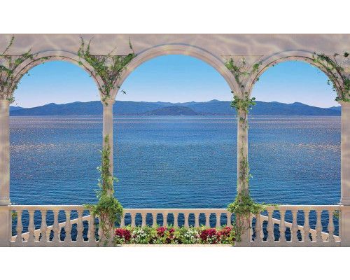 Balkon Meerblick Fototapete mit griechischen Säulen und einem schönen Meerblick für ein luxuriöses Ambiente.