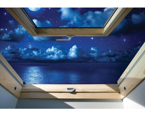 Fototapete mit Blick auf einen Sternenhimmel, sichtbar durch ein Dachfenster, mit 3D-Effekt.
