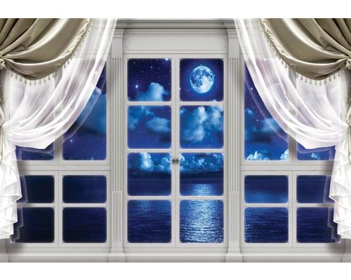 Meer- und Mondansichten durch ein Fenster mit 3D-Effekt auf einer nächtlichen Fototapete.