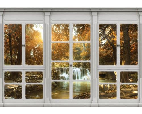 Blick auf einen Wasserfall durch ein Fenster mit 3D-Effekt in einer Waldlandschaft auf Fototapete.