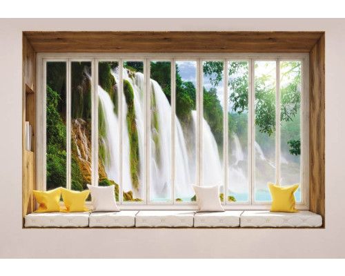 Blick auf einen großen Wasserfall durch ein Fenster auf 3D-Fototapete.