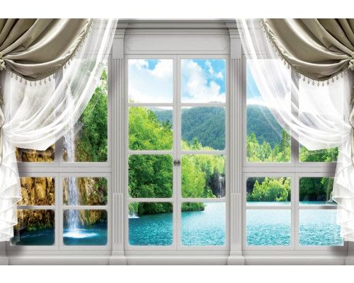 Blick auf einen Wasserfall in einer Berglandschaft mit 3D-Effekt auf Fototapete.