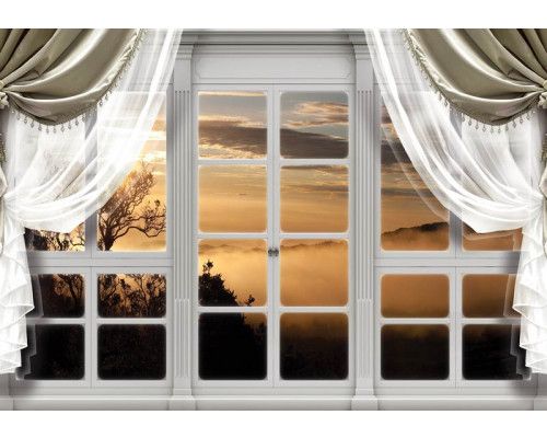 Fototapete mit einem nebligen Wald, Sonnenuntergang und 3D-Effekt durch ein Fenster.