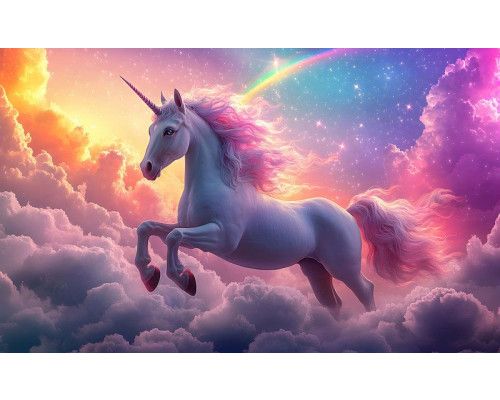 Fototapete mit einem Einhorn, das hoch in den Wolken schwebt, umgeben von einem Regenbogen und Sternen.