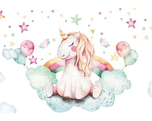 Fototapete eines Einhorns in den Wolken, Thema Kinderzimmer.