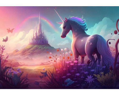 Fototapete mit einem Einhorn im Wunderland, mit einem Märchenschloss und Regenbogen im Prinzessinnen-Stil.