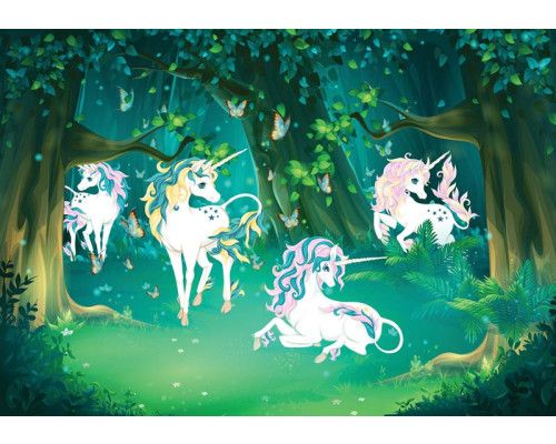 Einhörner Märchenwald Fototapete, ideal für Kinderzimmer.