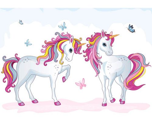 Fototapete mit bunten Einhörnern, geeignet für Kinderzimmer.