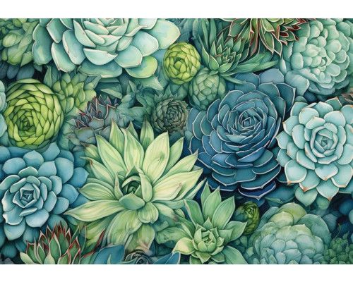 Fototapete mit Sukkulenten in einem grünen Farbton, der diese natürlichen Elemente kunstvoll darstellt.