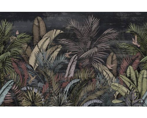 Fototapete mit Vintage-Dschungelpflanzen, reich an botanischen Details und üppigem Blattwerk.