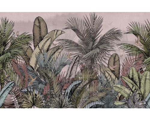 Eine Fototapete mit alten Dschungelpflanzen und botanischen Details von tropischen Blättern.