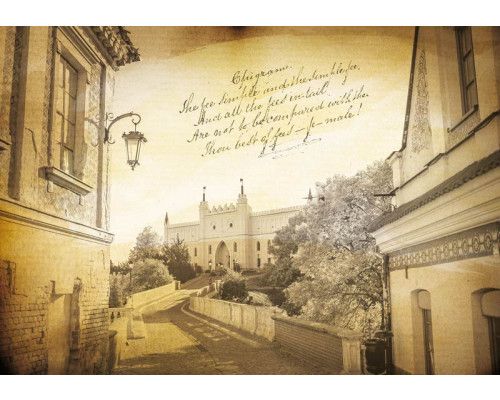 Lublin Stadt im Vintage-Stil, Fototapete mit einer alten Stadt und Meer in einer nostalgischen Landschaft.