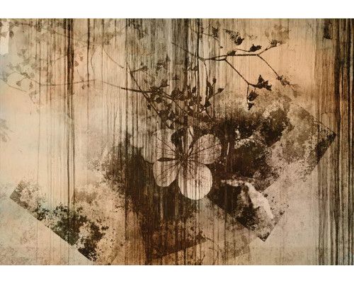 Vintage-Fototapete mit Blumen auf einer verwitterten Wand, altmodisches Design mit einem charmanten und rustikalen Charakter.