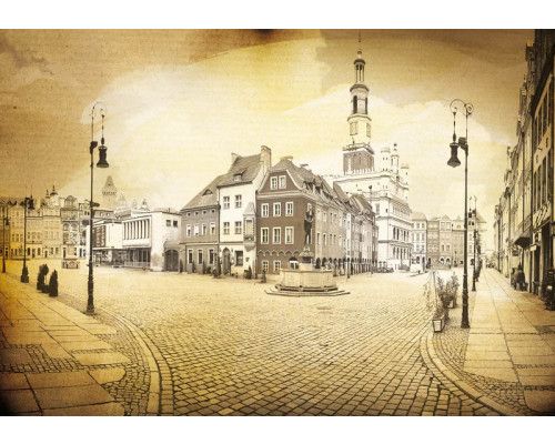 Altstadt von Poznan in Polen, Vintage-Fototapete für einen warmen und klassischen Look im Wohnzimmer.