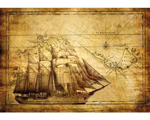 Fototapete mit einer Karte des Meeres und einer antiken Darstellung eines Schiffes auf einem Abenteuer.