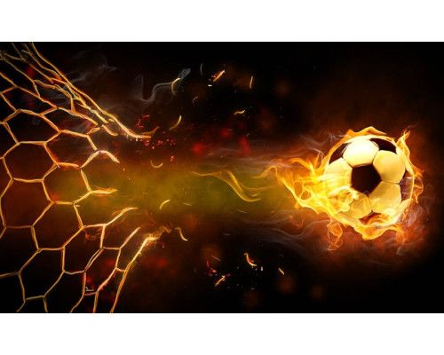 Fototapete eines flammenden Fußballs, der mit hoher Geschwindigkeit auf ein Tor zugeht, umgeben von feurigen Effekten.