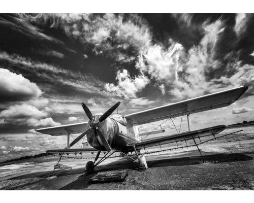 Fototapete eines schwarzen und weißen Flugzeugs, minimalistisches Design.
