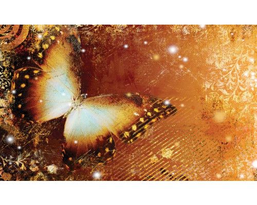Fototapete mit einem abstrakten Schmetterling im Vintage-Stil, mit leuchtenden Farben und Details.