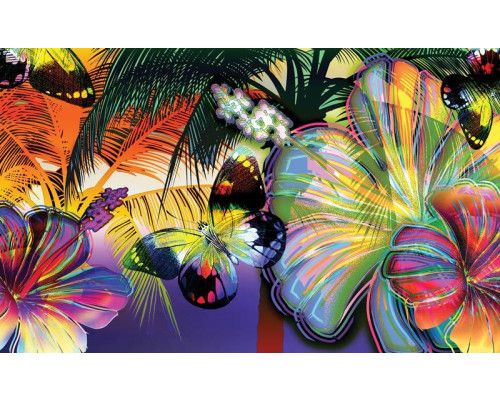 Bunter Schmetterling auf einem abstrakten Gemälde mit lebhaften Blumen, eine Fototapete, die eine künstlerische Atmosphäre hervorruft.