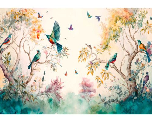 Fototapete mit Schmetterlingen und Vögeln in Aquarellfarben, mit Bäumen und künstlerischen Details.