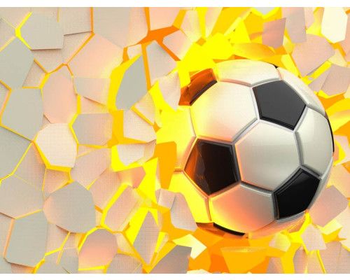 3D-Fototapete mit einem Fußball, der aus der Wand zu kommen scheint und einen dynamischen und lebendigen Effekt erzeugt.