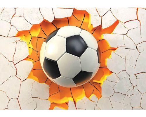 Fotobehang voetbal door de muur met 3D-effect van een bal die door gebarsten wand knalt.