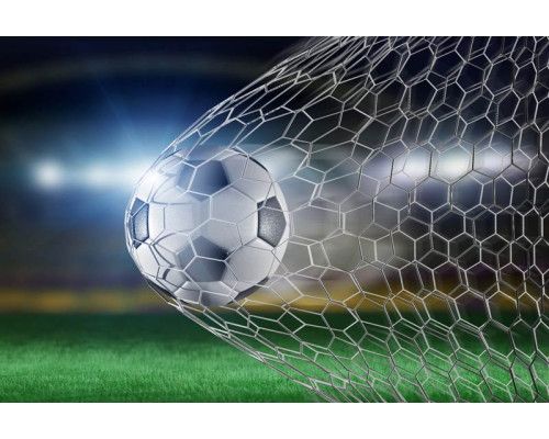 Fototapete eines Fußballs, der kraftvoll ein Tor schießt, aufgenommen in einem glorreichen Moment auf dem Spielfeld.