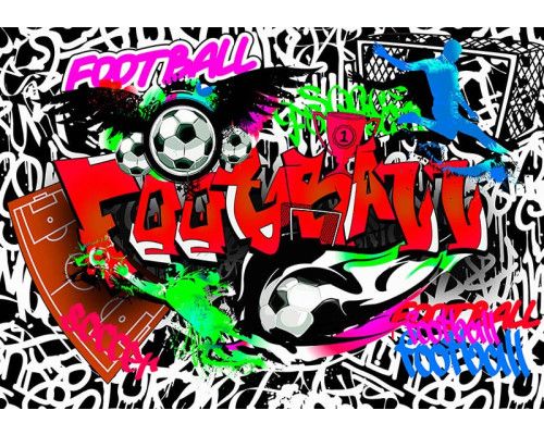 Energiegeladenes Graffiti zum Thema Fußball auf einer Betonwand, voller leuchtender Farben und Bewegung.