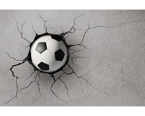 Fototapete mit einem 3D-Effekt eines Fußballs, der durch eine Wand zu brechen scheint, wodurch eine dynamische und kraftvolle Szene entsteht.