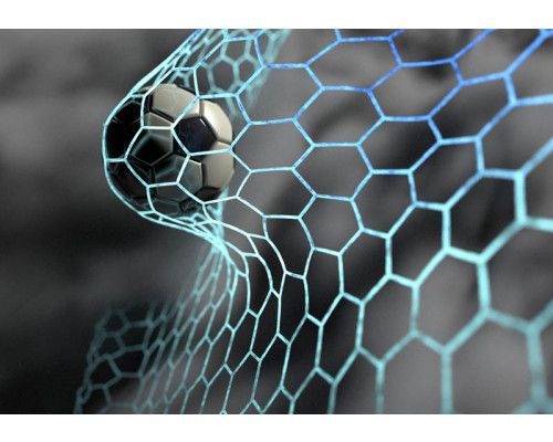 Fototapete eines Fußballs, der im Netz gefangen ist, gerade im Moment des Torerfolgs, wobei das Tor deutlich zu sehen ist.