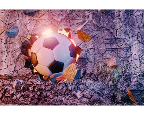 Fototapete eines Fußballs, der in einem 3D-Effekt durch eine Wand schießt, mit einem beeindruckenden visuellen Ergebnis.