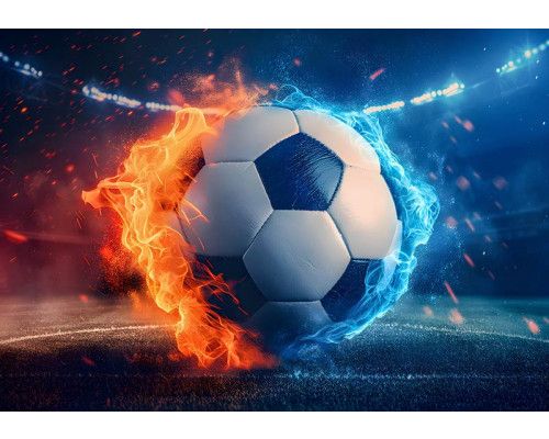 Fototapete von einem Fußball in einem feurigen Duell mit Flammen, perfekt für Sportfans.