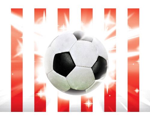 Rote und weiße Fußbälle im Hintergrund dieser Fototapete für Kinder.