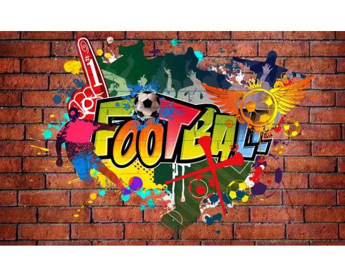 Street Art mit Fußballspielern im Graffiti-Stil, energiegeladene Kompositionen auf einem Hintergrund aus urbanen Elementen.