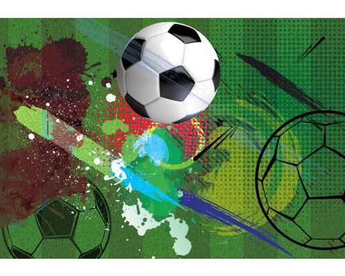 Fototapete mit einem Fußball-Straßenkunst-Graffiti, das ein spielerisches Wandbild für Kinder zeigt.