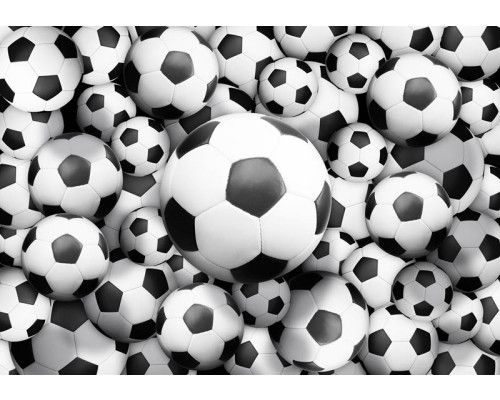 Fußbälle in einem 3D-Effekt, dargestellt auf einer Fototapete für Kinder.