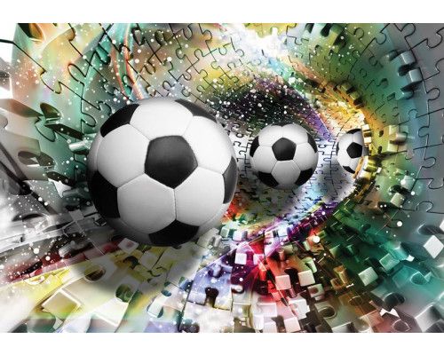 Fußbälle mit einem Puzzle und 3D-Effekt Tunnel auf Fototapete für Kinder.