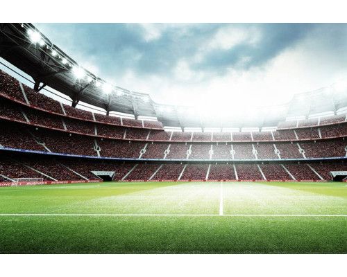 3D-Fototapete eines Stadions mit vollen Tribünen, in dem ein Fußballspiel kurz vor dem Beginn steht.
